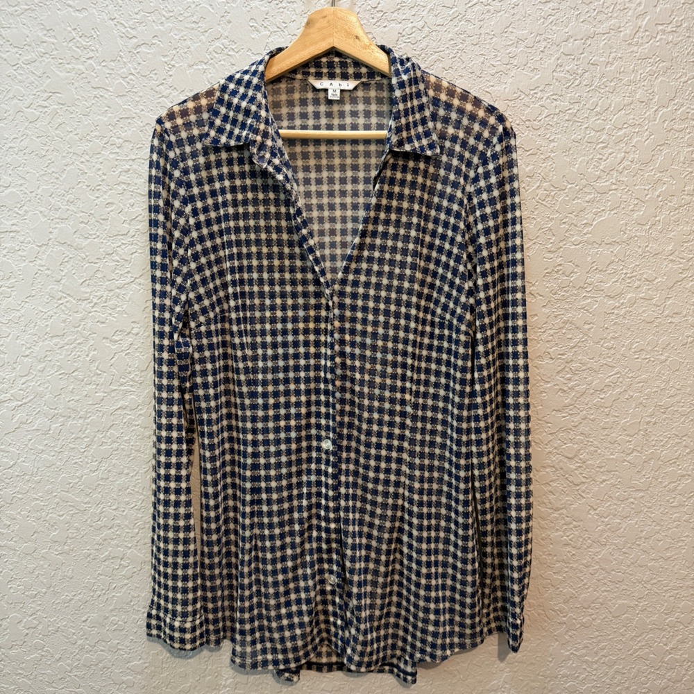 Cabi Sheer Mesh Button Down Shirt Size M Preppy Geometric Blue White